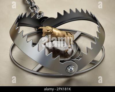 Figurina golden bull in piedi sulla trappola dell'orso. Mercato azionario e concetto di rischio finanziario. Illustrazione 3D. Foto Stock