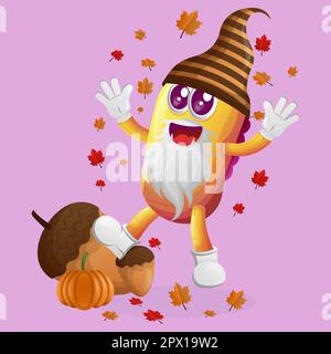 Simpatico mostro giallo festeggia l'autunno. Ideale per bambini, piccole aziende o e-commerce, merchandising e adesivi, promozione banner, blog o canale vlog Illustrazione Vettoriale