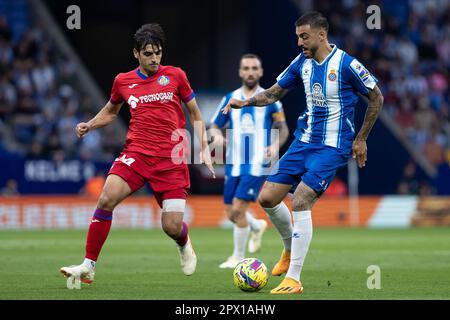 CORNELLA , SPAGNA - 30 APRILE: Joselu di RCD Espanyol durante la partita la Liga tra RCD Espanyol e Getafe CF allo stadio RCDE il 30 aprile 2023 a Cornella, Spagna Foto Stock