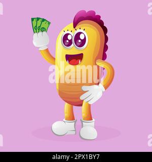 Mostro giallo carino che tiene i soldi. Ideale per bambini, piccole aziende o e-commerce, merchandising e adesivi, promozione banner, blog o canale vlog Illustrazione Vettoriale