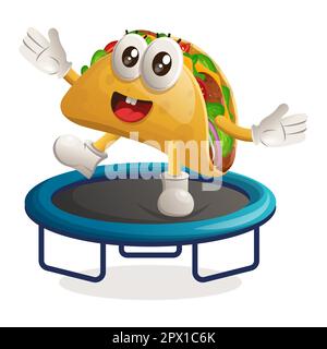 Cute taco mascotte gioco trampolino. Perfetto per negozi di alimentari, piccole aziende o e-commerce, merchandising e adesivi, promozione banner, recensione di prodotti alimentari Illustrazione Vettoriale