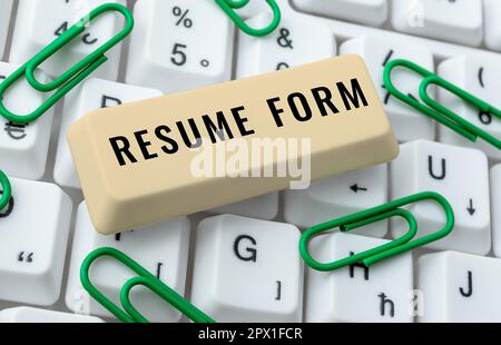 Testo scritto a mano Resume Form, Word scritto su descrivono gli elementi di layout che appaiono in un documento scritto Foto Stock