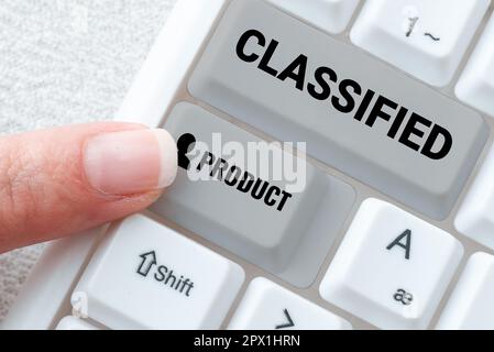 Ispirazione che mostra segno prodotto classificato, approccio aziendale dati sensibili Top Secret divulgazione non autorizzata Foto Stock