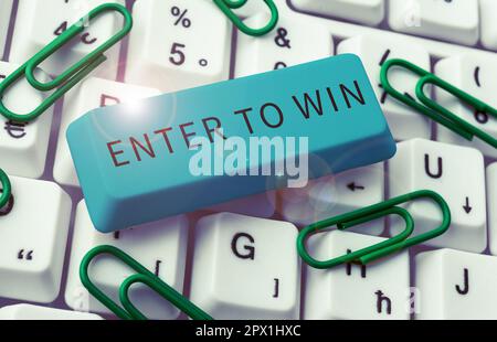 Visualizzazione concettuale Entra per vincere, concetto aziendale scambiando qualcosa di valore per il premio o la possibilità di vincere Foto Stock