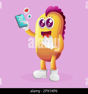 Simpatico mostro giallo che tiene il telefono cellulare con messaggi di testo. Ideale per bambini, piccole aziende o e-commerce, merchandising e adesivi, promozione banner Illustrazione Vettoriale