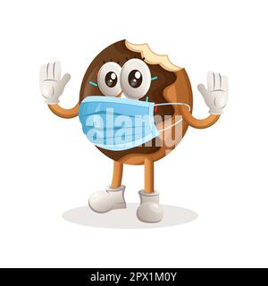 Cute donut mascotte indossare maschera medica, proteggere da covid-19. Perfetto per negozi di alimentari, piccole aziende o e-commerce, merchandising e adesivi, banner p Illustrazione Vettoriale