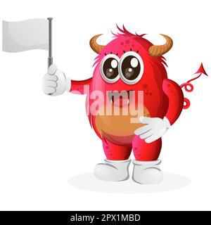 Carino mostro rosso che sventola bandiera bianca vuota. Perfetto per bambini, piccole aziende o e-commerce, merchandise adesivi, promozione banner, blog o vlog chan Illustrazione Vettoriale