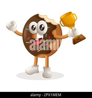 Carino donut mascotte vincitore premio e celebrare il successo. Perfetto per negozi di alimentari, piccole aziende o e-commerce, articoli di merchandising e adesivi, promozioni banner Illustrazione Vettoriale
