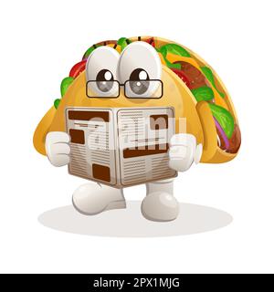Cute taco mascotte leggere giornali. Perfetto per negozi di alimentari, piccole aziende o e-commerce, merchandise adesivi, promozione banner, blog di revisione alimentare o. Illustrazione Vettoriale
