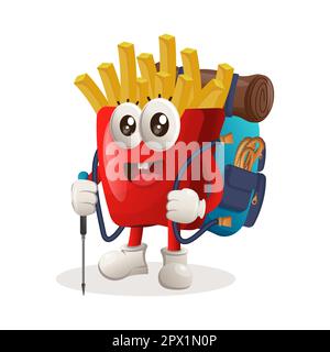 Carino patatine fritte mascotte avventura trekking. Perfetto per negozi di alimentari, piccole aziende o e-commerce, merchandising e adesivi, promozione banner Illustrazione Vettoriale