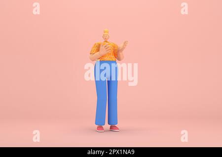 La donna con i capelli dorati legati in un bun con pantaloni in corduroy blu e T-shirt arancione con strisce bianche. È espressione di mano quando parla. Foto Stock