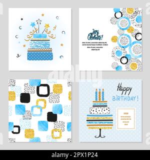 Buone carte compleanno con colori blu e dorati. Illustrazioni vettoriali di celebrazione con torte di compleanno. Illustrazione Vettoriale