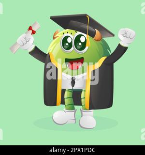 Simpatico mostro verde appena graduato. Ideale per bambini, piccole aziende o e-commerce, merchandising e adesivi, promozione banner, blog o canale vlog Illustrazione Vettoriale