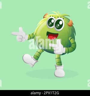 Simpatico mostro verde giocoso con mano appuntita. Ideale per bambini, piccole aziende o e-commerce, merchandising e adesivi, promozione banner, blog o vlog Illustrazione Vettoriale