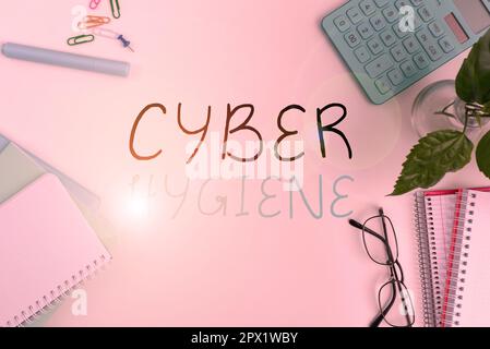 Mostra i passi di Cyber Hygiene, Business Approach che gli utenti di computer adottano per migliorare la loro sicurezza informatica Foto Stock