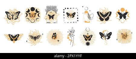 Disegno a mano vettoriale astratto illustrazioni grafiche concetto di design celeste con logo linea magica silhouette set di mistica farfalla volante, moth, sole e. Illustrazione Vettoriale
