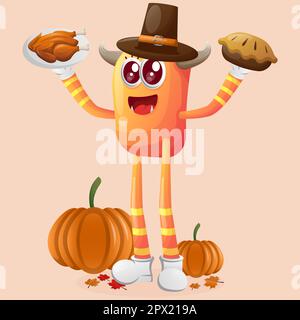 Simpatico mostro arancione festeggia il ringraziamento. Ideale per bambini, piccole aziende o e-commerce, merchandising e adesivi, promozione banner, blog o vlog Illustrazione Vettoriale