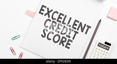 Scrittura che visualizza il testo eccellente segno di accreditamento, rapporto della persona di idea di affari di posizione finanziaria e della capacità di pagare Foto Stock