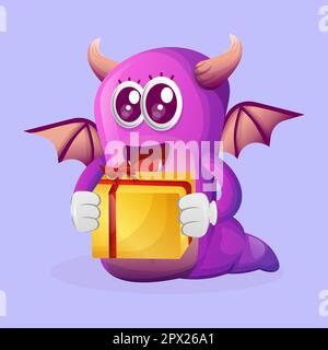 Carino mostro viola in possesso di confezione regalo. Ideale per bambini, piccole aziende o e-commerce, merchandising e adesivi, promozione banner, blog o canale vlog Illustrazione Vettoriale