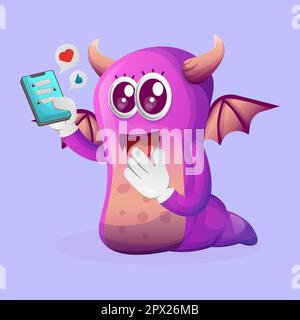 Simpatico mostro viola che tiene il telefono cellulare con messaggi di testo. Ideale per bambini, piccole aziende o e-commerce, merchandising e adesivi, promozione banner Illustrazione Vettoriale