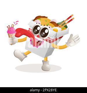 Mascotte di ramen cute mangiano il gelato, cono del gelato. Perfetto per negozi di alimentari, piccole aziende o e-commerce, merchandising e adesivi, promozione banner Illustrazione Vettoriale