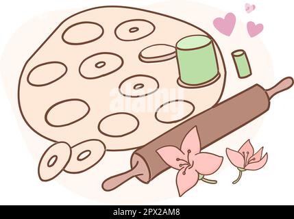 Preparazione dell'impasto. Mattarello, teglia e pasta. Decorato con fiori di vaniglia. Tema di cucina. Illustrazione Vettoriale