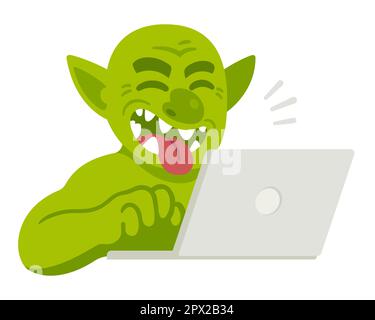 Cartoon Internet troll digitando commento sul computer portatile, ridendo con lingua che esce. Divertente illustrazione vettoriale di trolling o cyberbullismo. Illustrazione Vettoriale