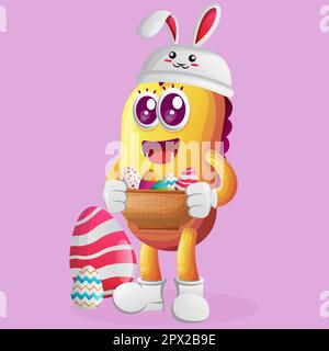 Mostro giallo carino che indossa il cappello di coniglietto con tenere l'uovo di pasqua nel cestino. Perfetto per bambini, piccole aziende o e-commerce, merchandising e adesivi, Illustrazione Vettoriale