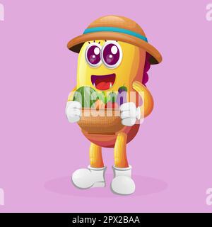 Carino mostro giallo trasporta varietà di verdure fresche e frutta. Perfetto per bambini, piccole imprese o e-commerce, merchandise adesivi, banner pr Illustrazione Vettoriale