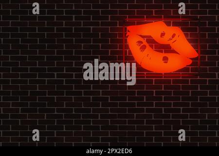 Labbra al neon rosse illuminanti su una parete in mattoni con spazio per il testo, l'immagine o il prodotto, concetto Happy Valentines Day Foto Stock