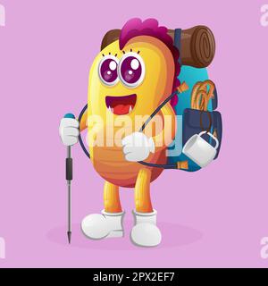 Carino giallo mostro avventura trekking. Ideale per bambini, piccole aziende o e-commerce, merchandising e adesivi, promozione banner, blog o vlog channelle Illustrazione Vettoriale