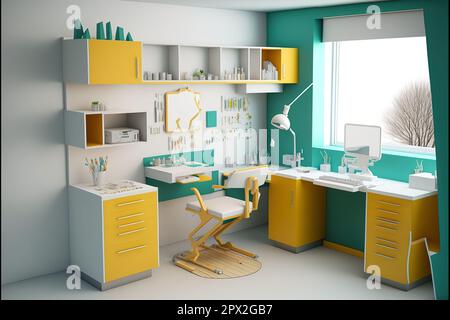 Design interno della clinica dentale con diverse scatole di lavoro e strumenti. Foto Stock