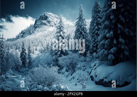 Paesaggio invernale della foresta di montagna. Foreste minacciate a causa del cambiamento climatico. Foto Stock