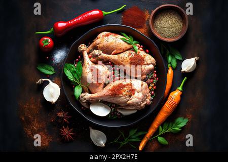 Cosce di pollo crude con assortimento di spezie e brodo di verdure foto. Foto Stock