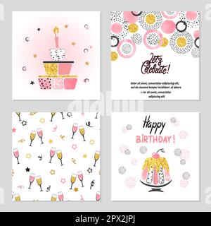 Happy Birthday carte in rosa e oro. Illustrazioni vettoriali di celebrazione con torta di compleanno, calici di champagne. Illustrazione Vettoriale