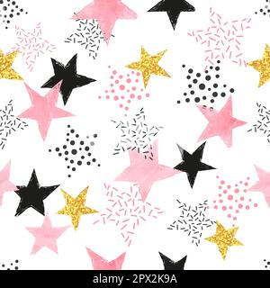 Modello di stelle senza cuciture. Sfondo vettoriale con acquerello rosa e stelle dorate scintillanti. Illustrazione Vettoriale