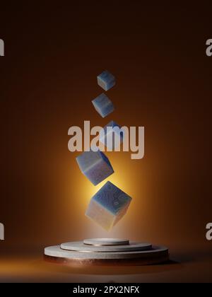 Cubetti di marmo blu con strisce d'oro ondulato che galleggiano su un piedistallo. Sfondo astratto. Rendering digitale 3D. Foto Stock
