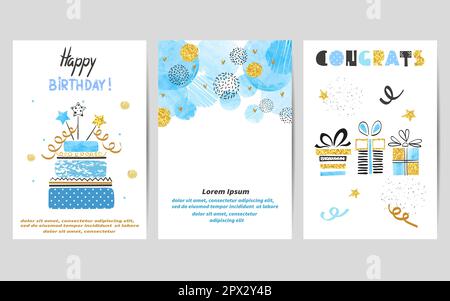 Buone carte compleanno con colori blu e dorati. Modelli vettoriali di celebrazione con torta di compleanno e regali. Illustrazione Vettoriale