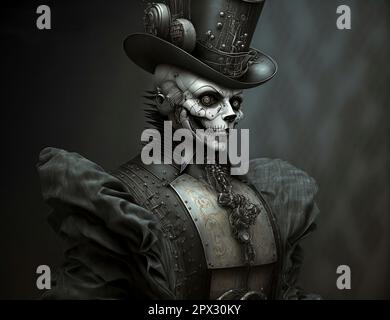 Skeleton sinister di Concept Art vestito con un cappello e un costume da bagno Foto Stock