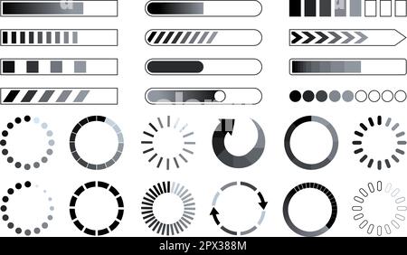 Caricamento di barre di download, strisce di caricamento diretto nel tempo e cerchi. Barra di avanzamento download file Internet. Vettore decent pagina web del computer di interfaccia Illustrazione Vettoriale
