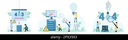 Errore di rete impostazione illustrazione vettore. Cartone animato persone piccole dal servizio di supporto tecnico che tiene la lampadina, lente di ingrandimento e messaggio di avvertimento circa accesso 403 negato, errore del server 505 e 404 Illustrazione Vettoriale