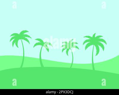 Paesaggio tropicale con palme verdi. Sagome di palme su prati verdi. Ora legale. Progettazione di opuscoli pubblicitari, striscioni, manifesti e. Illustrazione Vettoriale