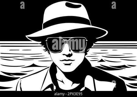 Illustrazione vettoriale di un uomo in un cappello e occhiali da sole sullo sfondo del mare. Illustrazione Vettoriale