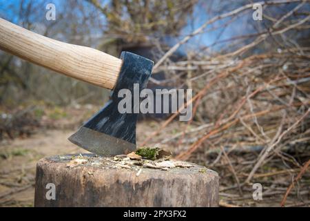 Chopper o ascia in piedi in verticale in un vecchio ceppo di albero all'aperto contro uno sfondo di bosco sfocato Foto Stock