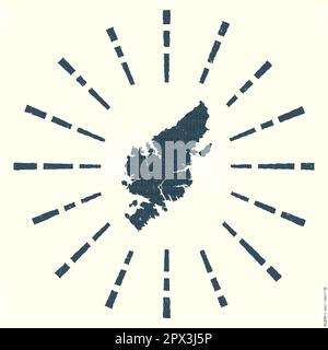 Logo di Lewis e Harris. Grunge sunburst poster con mappa dell'isola. Forma di Lewis e Harris riempito con cifre esadecimali con raggi di sole intorno. Appe Illustrazione Vettoriale