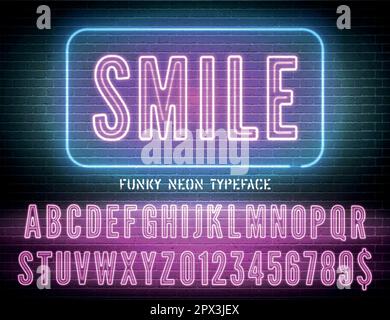 Luce notturna con numeri extra. Sorriso segno con rosa stretto grassetto neon alfabeto su sfondo muro di mattoni scuri. Illustrazione vettoriale Illustrazione Vettoriale