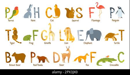 Set di cartoni animati dello zoo. Lettere ornamentali animali per bambini istruzione di apprendimento illustrazione. Giraffa di scoiattolo di pappagallo lepre. Pinguino dell'orso di Panda. Personaggio della collezione Cat Fox leion Tiger design Illustrazione Vettoriale