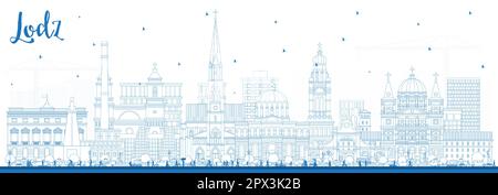 Delineate lo skyline di Lodz Poland City con edifici blu. Illustrazione vettoriale. Paesaggio urbano di Lodz con punti di riferimento. Illustrazione Vettoriale