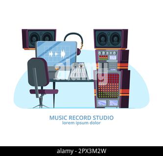 Studio musicale. gadget musicali e informatici per studio di registrazione professionale. altoparlanti audio cuffie illustrazioni vettoriali Illustrazione Vettoriale