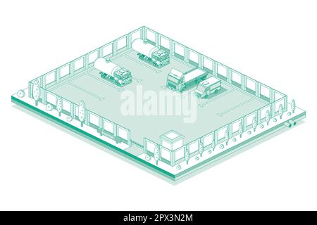 Profilo isometrico Parcheggio per camion e automobili. Punto di controllo con barriera. Illustrazione vettoriale. Illustrazione Vettoriale